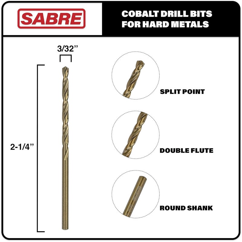 Sabre Tools 3/32 Inch Cobalt Drill Bit Set 5pcs for Metal, Steel, Hard Metal, Cast Iron (3/32 x 2-1/4") - Image 2